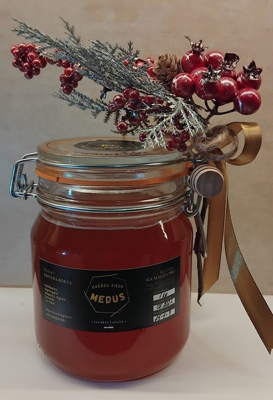 Medus stikla burkā ar vāku un dekoratīvu karotīti 1 kg un ar svētku noformējumu